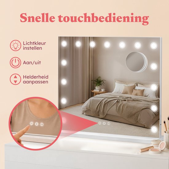 Fraay® Hollywood Mirror with Lighting 60x50cm - 3 Light modes - Make-up Mirror with 10x Magnification Mirror - LED Dots Lighting Dimmable - Incl. 2 Beauty Blenders and Powder puff