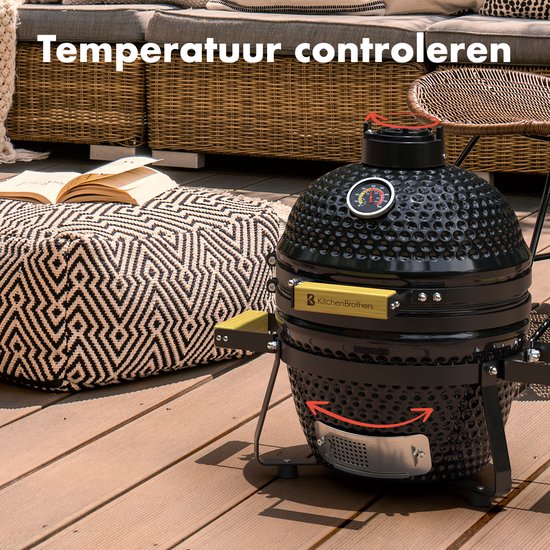 KitchenBrothers Kamado BBQ - 13 Inch Charcoal Barbecue - 27⌀ cm - Deluxe Set - Egg BBQ with Accessories including Cover - Noir