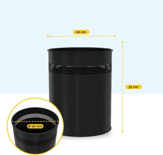 BRASQ Trashcan Metal Office/Home Use - Poubelle - Corbeille à papier - Rond - Poubelles - Noir 15 litres