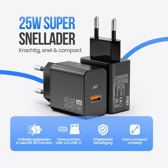 Strex USB-C & USB-A Fast Charger 25W - Chargeur GaN avec PD 3.0 & QC 3.0 - Câble USB-C inclus - Noir