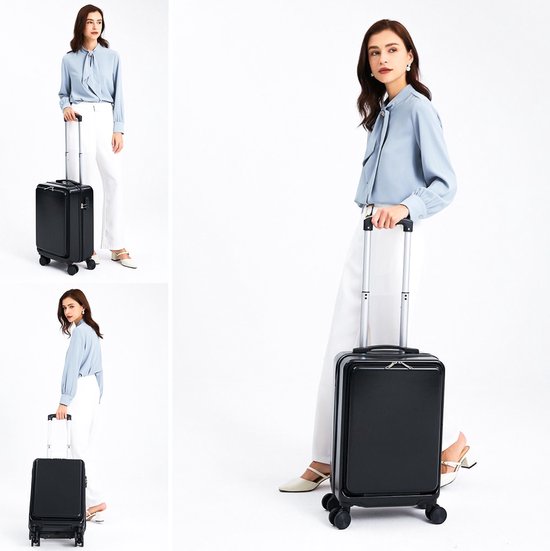 VAIVE Hand Luggage Suitcase With Front Pocket - 43L Suitcase - Lightweight Trolley - Black
