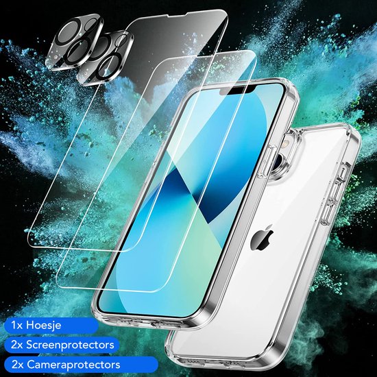 Podec iPhone 13 mini Case Transparent - Bundle with 2x Screen Protector + 2x Camera Protector - Phone Case with Protective Glass - Case Transparent