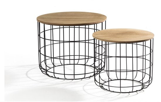 LIFA LIVING Table d'appoint moderne - Lot de 2 - Noir - Métal et bois - Rond - Plateau amovible - Panier de rangement - Stable