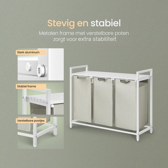 O'DADDY® Laundry Basket 3 Boxes - Trieur de linge extensible avec étagère - 114 Liter - 92,5 x 33 x 71 cm - Pieds réglables - Facile à assembler - Polyvalent et élégant en métal - Blanc