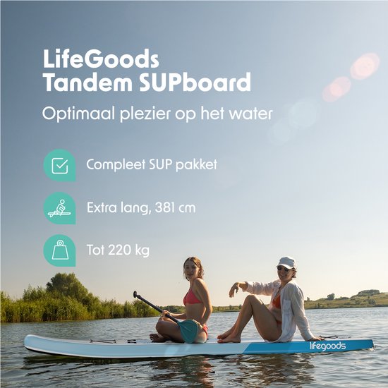 LifeGoods SUP Board Tandem - 2 personnes - 220 KG de capacité de charge - 381 x 86 cm - Gonflable - Pack Sup complet - Bleu ciel