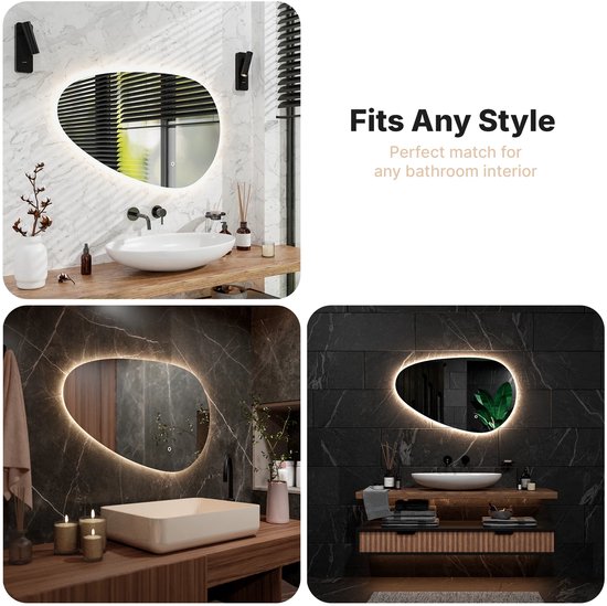 Mirlux Miroir de salle de bain avec éclairage LED et chauffage - Miroir mural asymétrique - Miroir de douche anti-condensation - 100x62.5CM