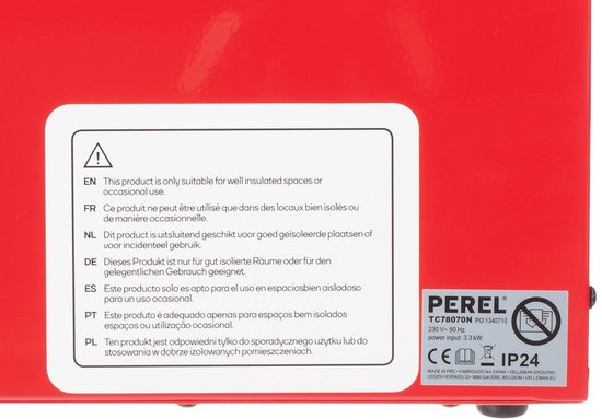 Perel Chauffage électrique à ventilateur 3300W, 2 niveaux de chaleur, thermostat et mode refroidissement, IP24, avec protection contre la surchauffe, chauffage portable compact pour l'atelier, le garage, la salle de loisirs