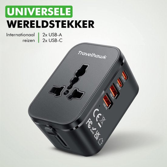 Travelhawk World plug avec 2x USB-C et 2x Port USB - Prise de voyage - Connecteur USB - Prise de voyage internationale pour plus de 150 pays - Amérique (USA) - Angleterre (UK) - Australie - Asie - Amérique du Sud - Afrique - Prises mondiales - Noir