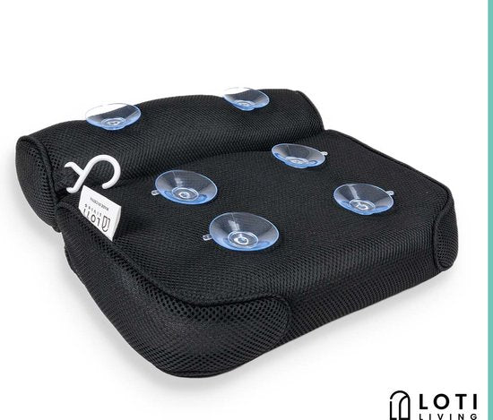 Loti Living Oreiller de bain - Oreiller de bain - Oreiller cervical de bain - Appui-tête de bain - Oreiller de bain avec ventouses - 6 ventouses - Oreiller cervical ergonomique - Antidérapant - Noir