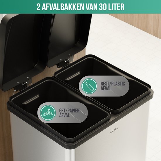 Avalo Trash Bin Waste Separation 60 Liter - Stainless Steel Silver - 2 compartiments - Respectueux de l'environnement, hygiénique et sans traces de doigts - Poubelle à pédale / Trash can