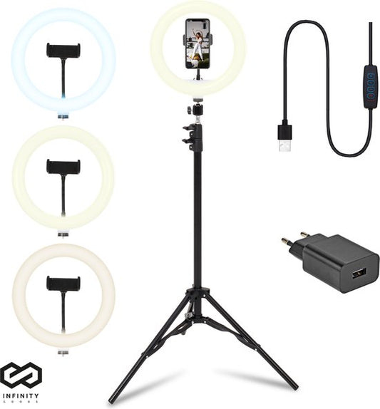 Infinity Goods Ring Light With Tripod - LED - 3 Colours - Adjustable Tripod Up to 186m - Includes Plug - Selfie Ringlight for Tiktok / Instagram / Youtube / Streaming / Working at Home - Black