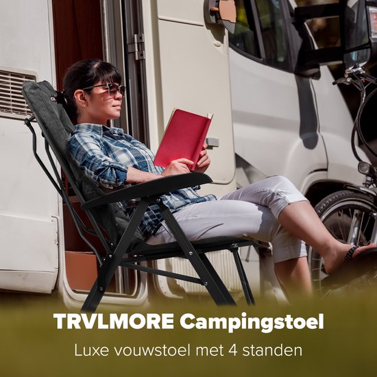TRVLMORE Chaise de camping - Sac de transport inclus - Chaise pliante confortable - Capacité de charge de 150 kg - Chaise de camping - Rangement - Chaise pliante - Noir