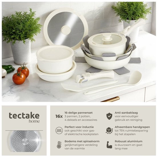 tectake® Ensemble de casseroles modernes 16 pièces - 3 poêles à frire - 2 poêles de cuisson - Convient à l'induction - Comprend des couvercles, des poignées amovibles et des protections - Poêles en aluminium avec revêtement antiadhésif en céramique - Conv