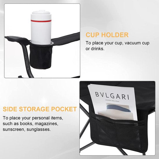 Chaise de camping, chaise pliante, chaise de pêche, chaise de plage légère, chaise pliante avec dossier, porte-gobelet, sac de rangement, capacité de charge de 150 kg, noir