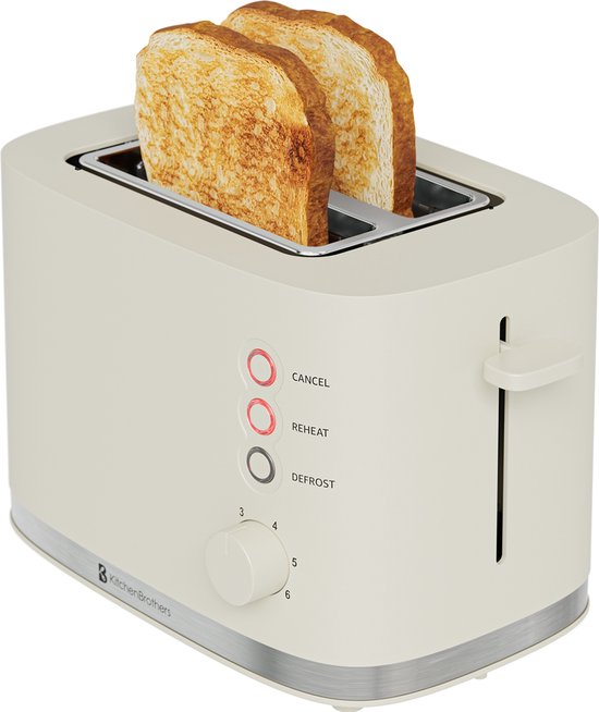 Grille pain - KitchenBrothers - Toaster - 6 niveaux de chaleur - 2 fentes extra-larges - 870W - Beige
