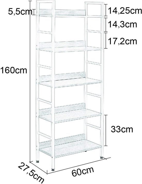 Rootz Standregal Hochregal - Rayonnage - Bibliothèque - Etagère de rangement - Présentoir - Organisateur - Etagère à étages - Blanc + chêne clair - 60x27.5x160 cm