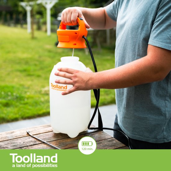 Toolland Pulvérisateur à pression, électrique, batterie rechargeable, lance télescopique, tête de pulvérisation réglable, bandoulière, 8 litres, blanc/orange/noir