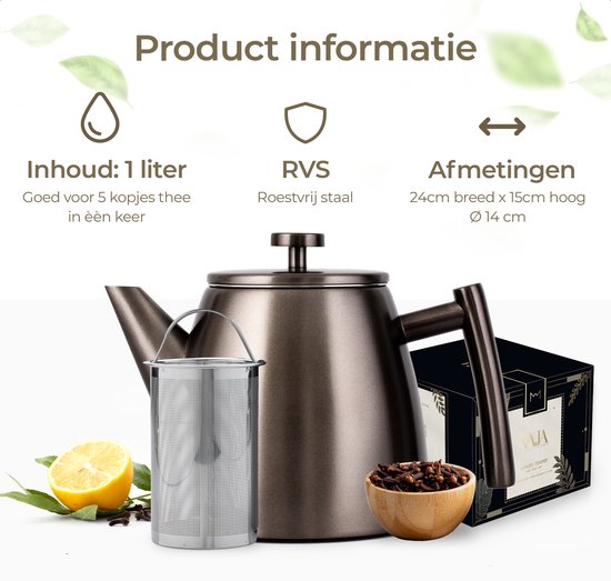 Vaja® Théière Juliette Gun Metal - Double paroi - 1 litre - Théière en acier inoxydable avec filtre