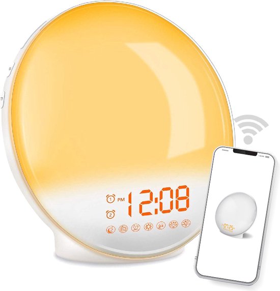 DistinQ Wake-Up Light - Wifi Smart - Radio-réveil avec double heure de réveil - Aide au sommeil avec connexion USB