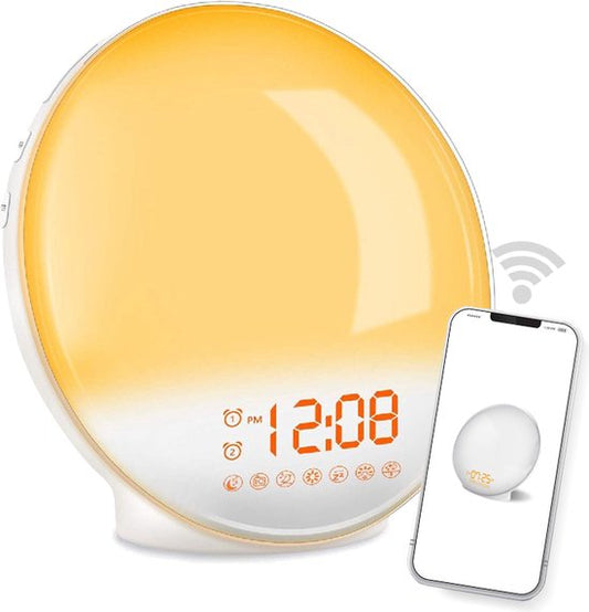 DistinQ Wake-Up Light - Wifi Smart - Radio-réveil avec double heure de réveil - Aide au sommeil avec connexion USB