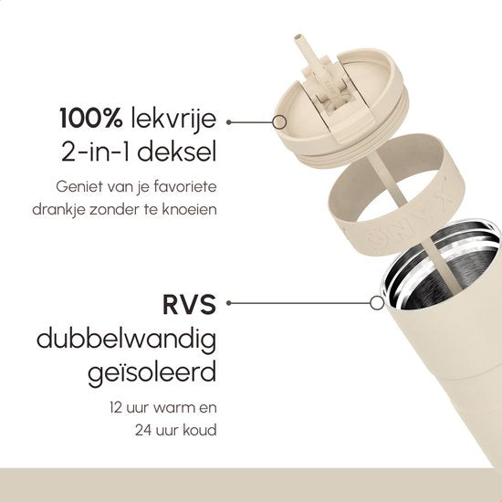 ONYX Bouteille à boire avec paille 1,2 litre - Bouteille d'eau pour enfants et adultes - Tasse thermos - Tasse de voyage - Boire pour la motivation - Tasse à boire pour l'école - Beige
