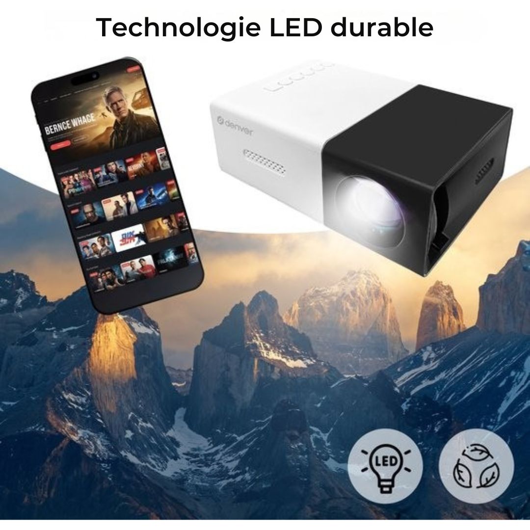 Mini vidéo-projecteur Denver Full HD - Streaming depuis votre téléphone (USB-C) - Mini projecteur - Télécommande incluse - HDMI/AUX/USB-C - PR800 - noir
