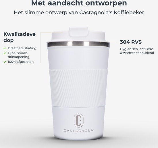 Castagnola Thermos Cup - Coffee Mug To Go - Travel Mug for Coffee and Tea - Tea Mug - 380 ML - stainless steel - White