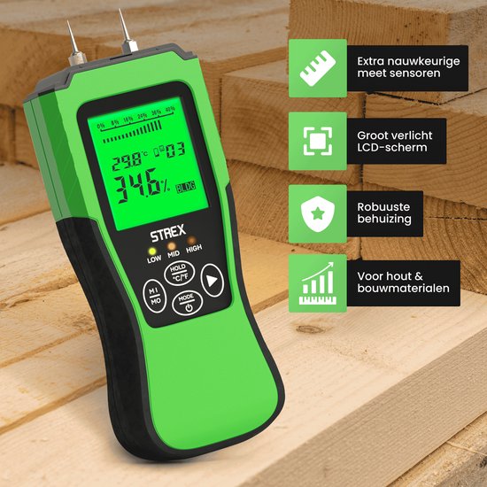 Strex Moisture Meter Digital - Pour le bois et les matériaux de construction (y compris la pierre, le plâtre et le béton) - Affichage LCD - Humidity Meter - Moisture Malls - Incl. Batteries & Storage Case