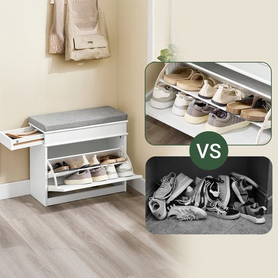 SoBuy FSR82-K-WG Meuble à chaussures banc d'entrée - banc à chaussures avec siège de toilette et coussin de rangement pour chaussures pour hall d'entrée, salon 61 x 24 x 51 cm, capacité 113 kg, blanc effet bois antique