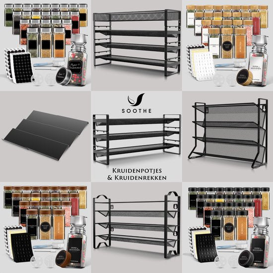 Soothe 36 pots à épices en verre carrés avec couvercle noir - 2 types de couvercles à saupoudrer - Spice Spreader - pots à épices - Set complet avec stickers à épices, stick à craie et accessoires - 120ml