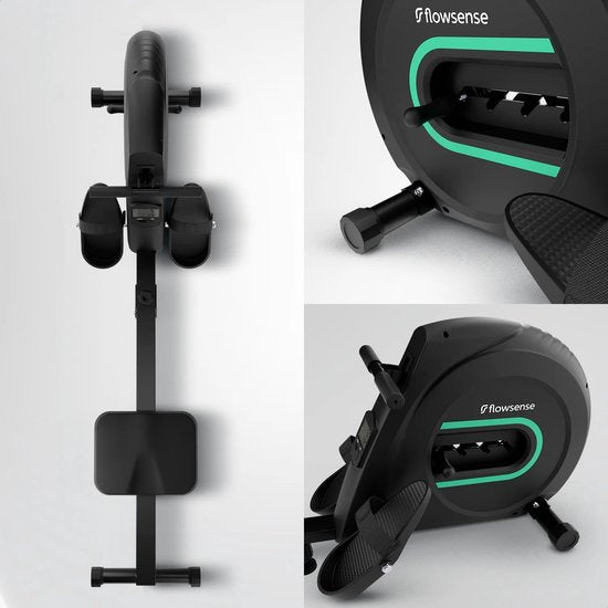 Rameur Flowsense Elvora Lite - pliable - Résistance élastique - Affichage LCD - Silencieux et compact - Pour utilisateurs jusqu'à 200 cm / 115 kg - noir