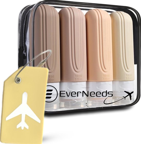 EverNeeds Bouteilles de voyage avec étui - rechargeables - Bouteilles de voyage en silicone pour bagages à main - crème - 4 pièces