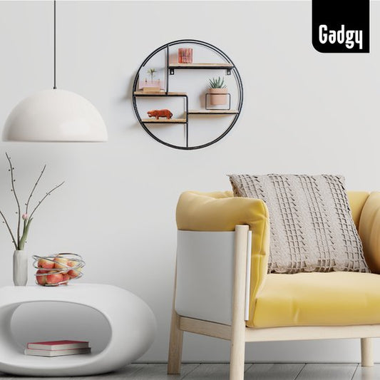étagère murale - Gadgy - décoration murale salon en bois - Ø 42x10 cm - Métal noir