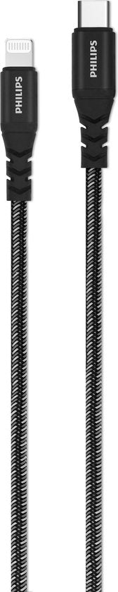 Câble USB 3.0 Philips - USB-C - Lightning - Compatible avec iPhone - Longueur 1,2 mètre - Noir - Nylon