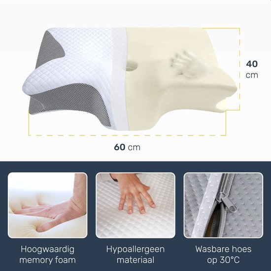 Oreiller anti-ronflement - Pour chaque position de sommeil - 60x40 cm - Oreiller - Apnée - Ergonomique & orthopédique - Mousse à mémoire de forme - Alyze