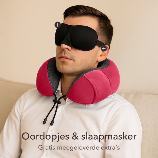 SKYCASES Travel Essentials - Ensemble d'oreillers de cou 3 pièces - Oreiller de voyage ergonomique en mousse à mémoire de forme avec masque pour les yeux et bouchons d'oreille - Idéal pour l'avion, la voiture et le train - Compact et luxueux - Rouge