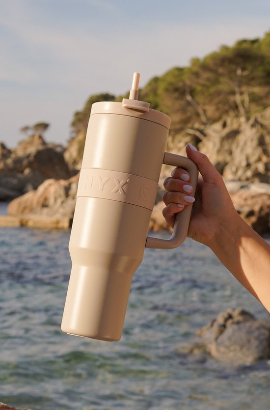ONYX Bouteille à boire avec paille 1,2 litre - Bouteille d'eau pour enfants et adultes - Tasse thermos - Tasse de voyage - Boire pour la motivation - Tasse à boire pour l'école - Beige