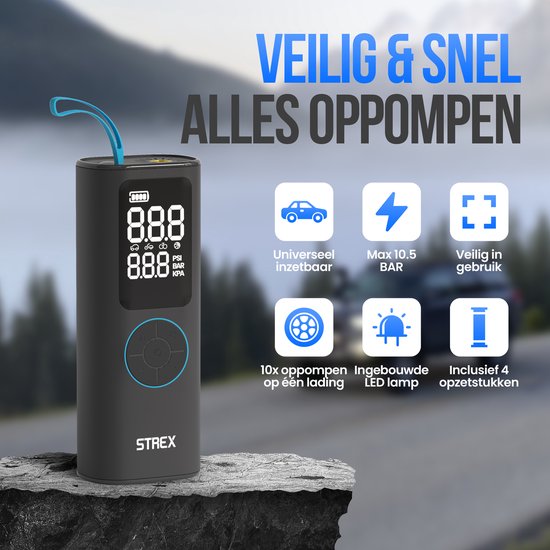 Pompe à pneu électrique Strex - Mini-compresseur sans fil 3-en-1 - voiture, vélo, scooter, ballon et matelas pneumatique - jusqu'à 10,5 bar / 150 PSI - 30L/min - 8000 mAh Powerbank & Flashlight