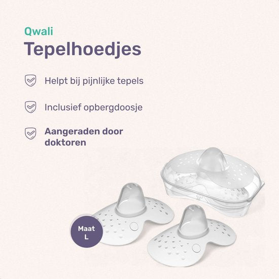Qwali Organic Breastfeeding Nipple Hat - Size L - BPA free - Nipple protector - Transparent - Including storage container - 2 pieces