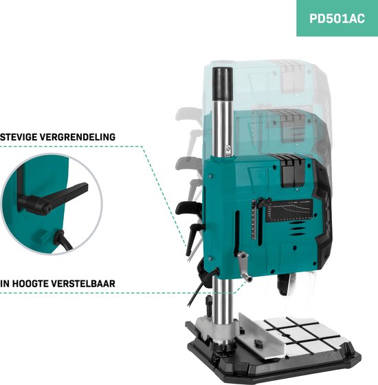 Perceuse à colonne VONROC 900W - perceuse de table - panneau de contrôle digital avec écran LCD - laser de ligne transversale et lampe de travail LED - Comprend une pince rapide, une pince de perçage et un guide de parallélisme