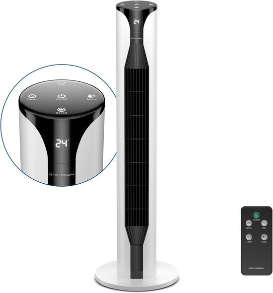 Erikssøn Ventilateur de tour - Silent Comfort Series - Ventilateur de sol avec télécommande - Minuterie - 55W - 39 dB - 106cm - Blanc