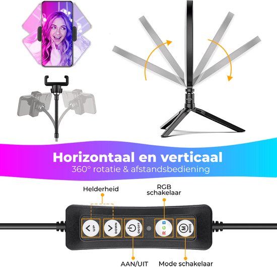 Studio ME Lampe annulaire multicolore avec trépied - 10 pouces/25 cm - Lampe RVB - Lampe annulaire avec trépied - Bluetooth - Support de téléphone - Télécommande - USB - Lampe TikTok - Lampe annulaire