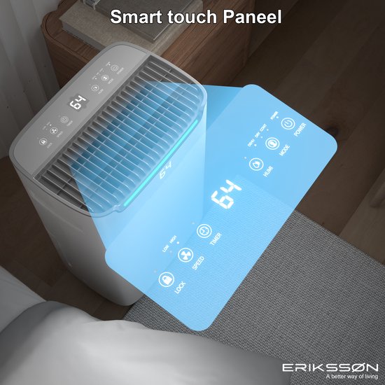 Déshumidificateur Dry Pro Plus d'Erikssøn - Déshumidifie jusqu'à 20 litres par jour - Fonction Lavage-Séchage - Convient pour la maison, la chambre, la salle de bain, le salon et le sous-sol - Déshumidificateur - Blanc