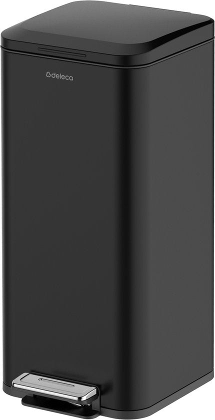 Deleca Bin Prestige 30 Liter - Avec pédale et fermeture lente - Poubelle / Corbeille à papier / Poubelle à pédale - acier inoxydable Noir mat