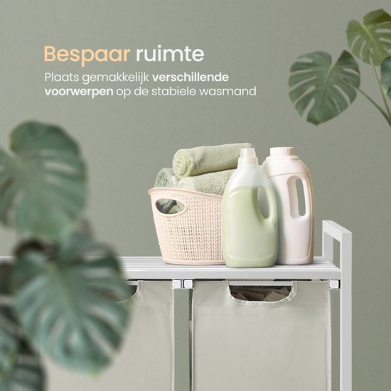 O'DADDY® Laundry Basket 3 Boxes - Trieur de linge extensible avec étagère - 114 Liter - 92,5 x 33 x 71 cm - Pieds réglables - Facile à assembler - Polyvalent et élégant en métal - Blanc