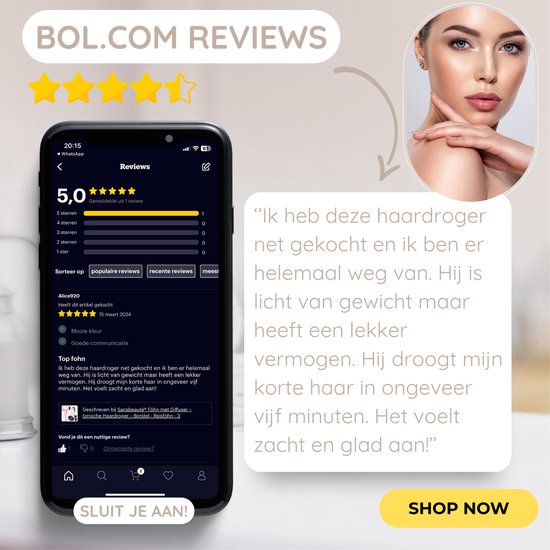 Sansbeauté® Hair Dryer with Diffuser - Ionic Hair Dryer - Brush - Travel Hair Dryer - 3 Attachments - Curls - Coolshot - 3 Stages - Hair Dryer with Diffuser - Hair Dryer - 2000W - Pink