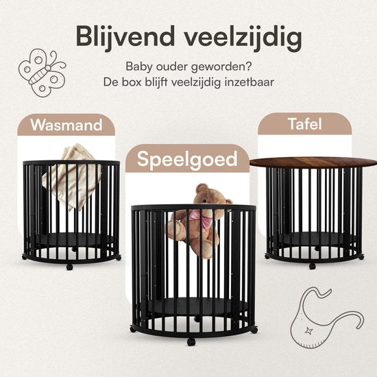 Flowsense Baby Box - Parc pour enfants rond - Parc pour enfants - Avec matelas - Hauteurs réglables - Roulettes - Noir