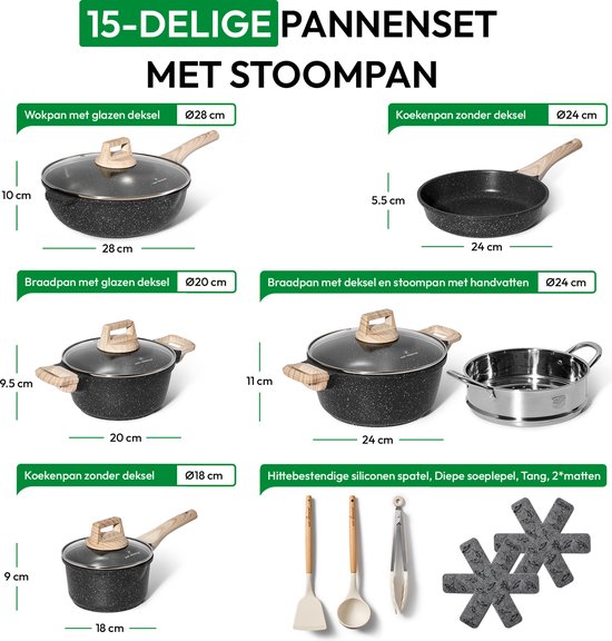 Just Perfecto 15 Piece Induction Cookware Set - Black Cookware Set With Lid For Gas and Induction - PFAS free - Cold grips