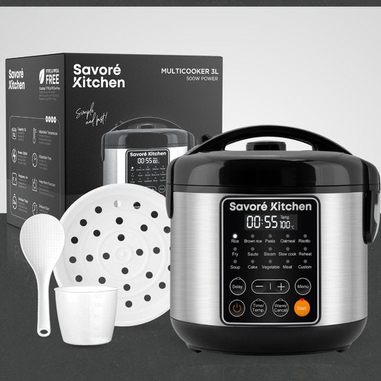 Savoré Kitchen Rice Cooker with Steamer - 3L - 14 Programmes - Multicooker - Rice Cooker - Slow Cooker - PFAS Free - Black stainless steel