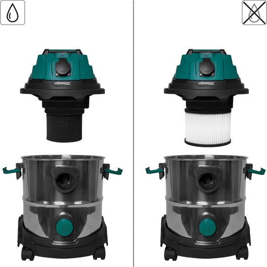 VONROC Aspirateur eau et poussière / Aspirateur - 1400W - Mise en marche automatique - Fonction soufflage - Réservoir inox 20L - Flexible 3m - Câble d'alimentation 6m